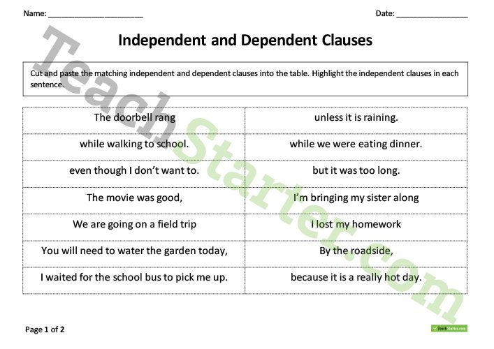 Independent And Dependent Clauses Worksheet Pack Teaching Resource