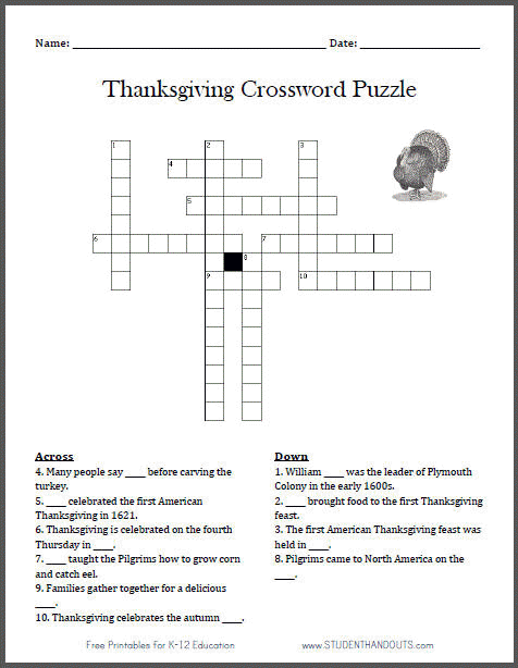 Free Printable Thanksgiving Crossword Puzzle