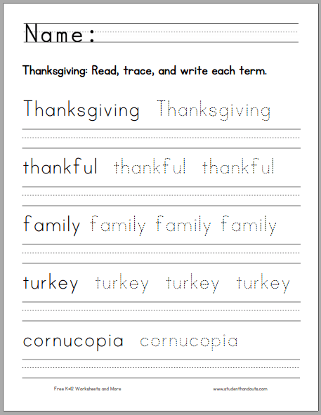 Thanksgiving Handwriting Practice Worksheet For Kids
