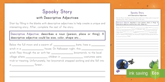 Spooky Story Opener With Descriptive Adjectives Worksheet   Worksheet
