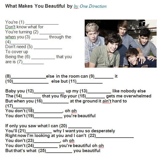 Song Worksheet  What Makes You Beautiful By One Direction