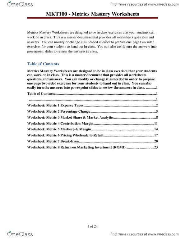Metrics Mastery Worksheets Answers Doc