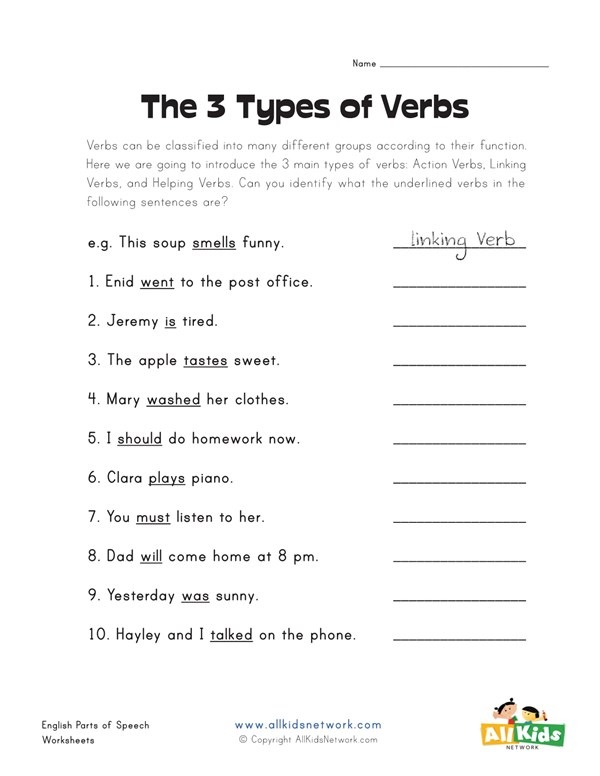 The 3 Types Of Verbs Worksheet