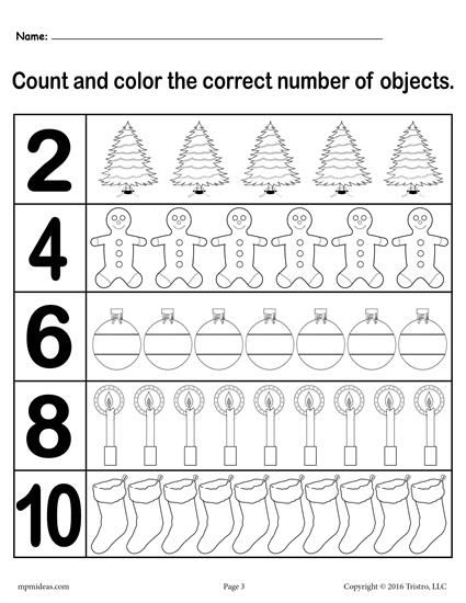 Christmas Themed  Count And Color  Worksheets (3 Free Printable