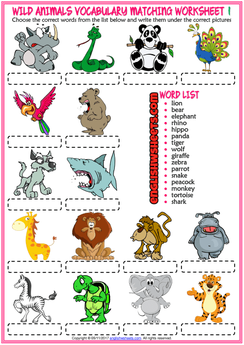Wild Animals Esl Vocabulary Matching Exercise Worksheets