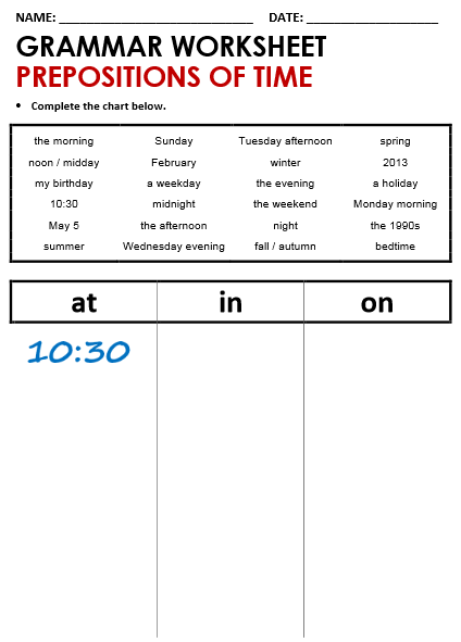Prepositions Of Time