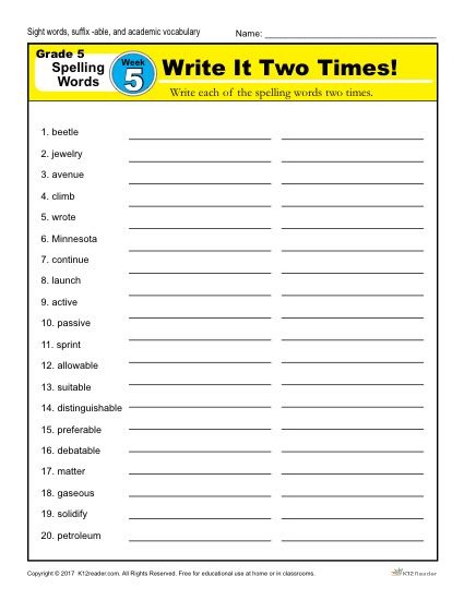 Fifth Grade Spelling Words List