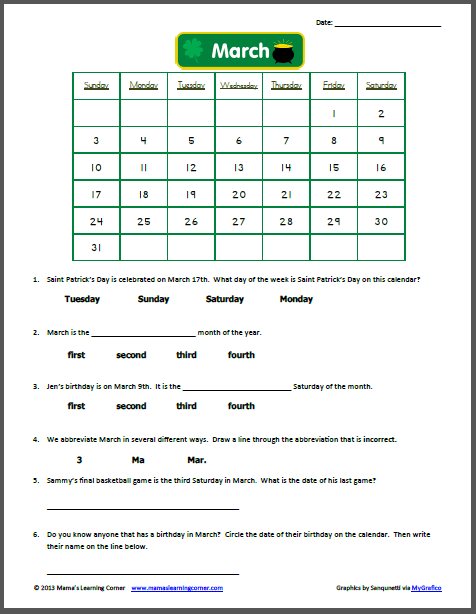 March Calendar Worksheet