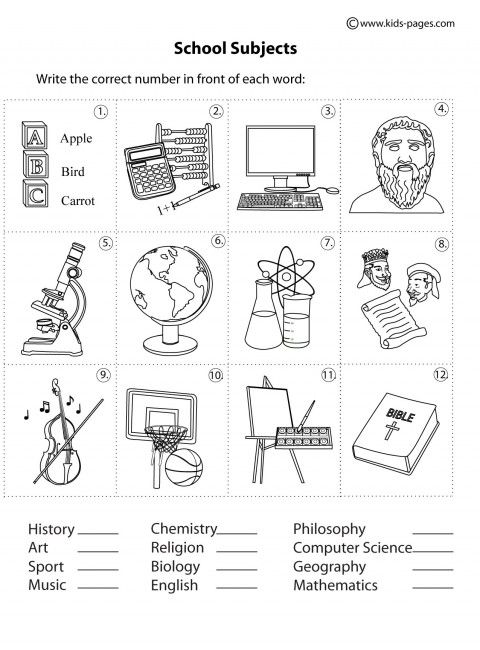 School Subjects Matching B&w Worksheets