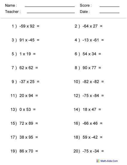 Integer Multiplication And Division Worksheet Grade 6 Integers