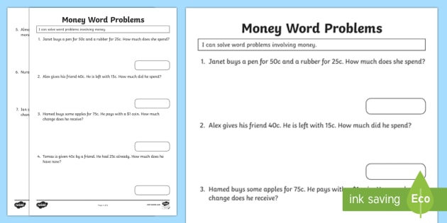 Australian Money Word Problems Worksheet