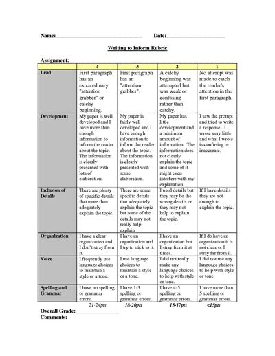 Writing To Inform Rubric