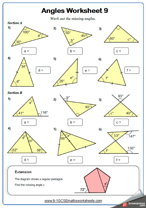 Angles In Triangles Maths Worksheet And Answers 9