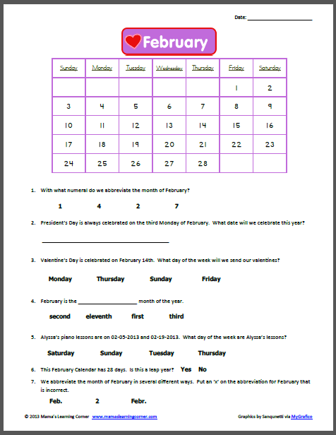 February Calendar Worksheet