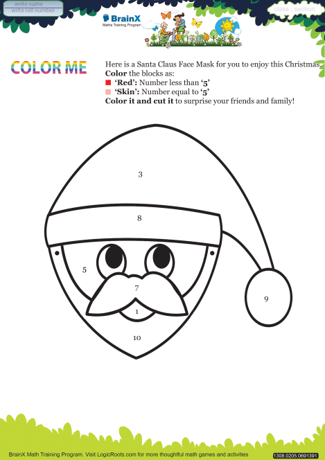 Color Me Santa Claus Face Mask Math Worksheet For Kindergarten