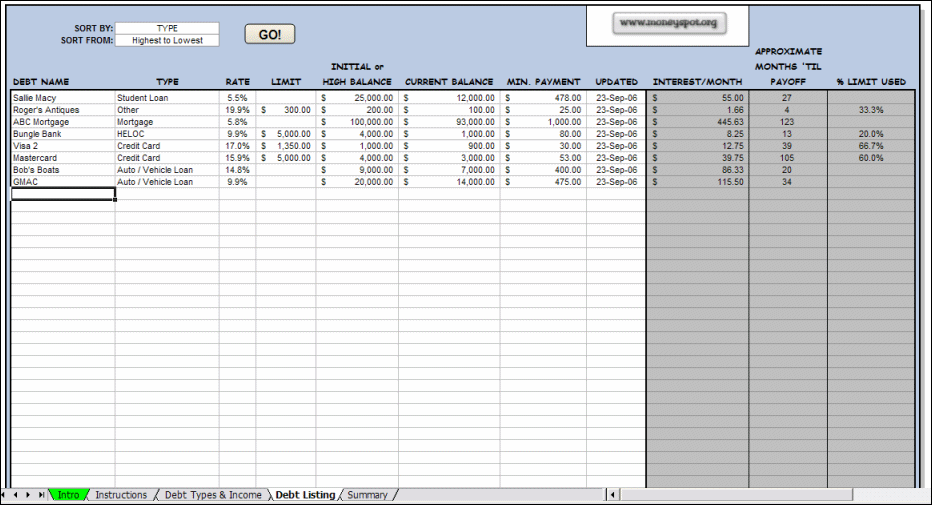 Excel Debt Tracker Spreadsheet @ Moneyspot Org