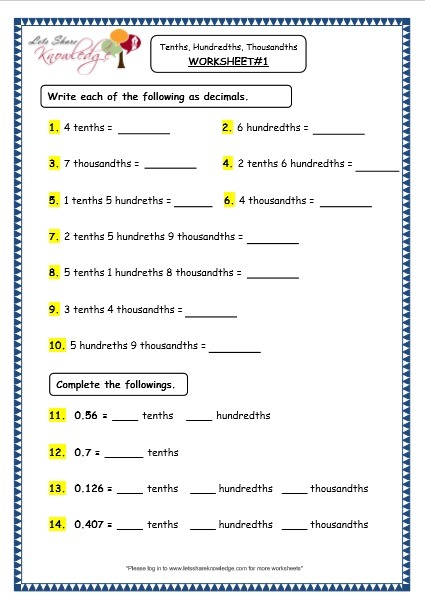 Grade 4 Maths Resources (3 1 Decimals Tenths, Hundredths And