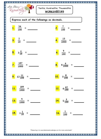 Grade 4 Maths Resources (3 1 Decimals Tenths, Hundredths And