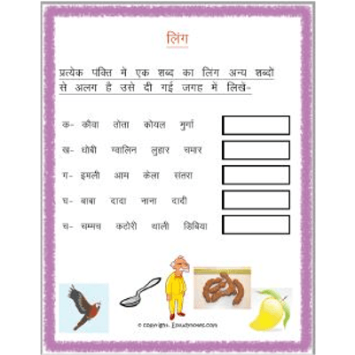 Hindi Worksheets For Grade 3, Hindi Gender Worksheets For Class 3