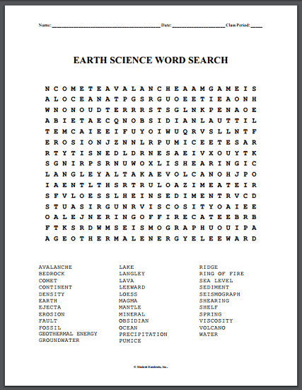 Earth Science Word Search Puzzle