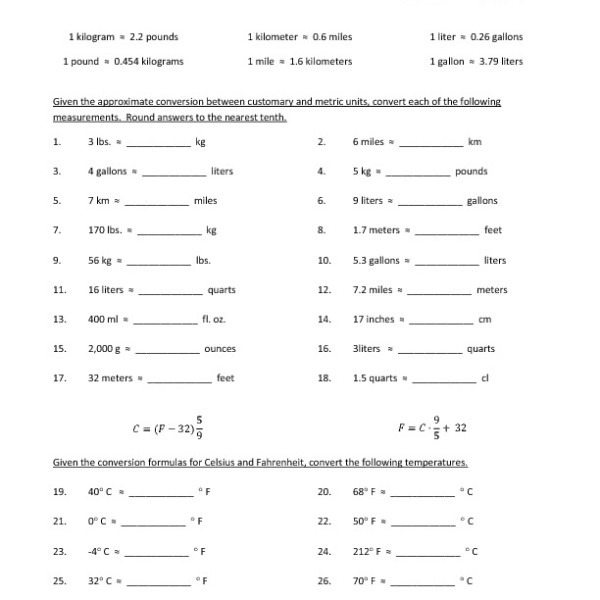 Eighth Grade Converting Customary And Metric Worksheet 05 â One