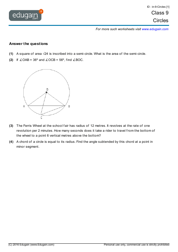 Grade 9 Math Worksheets And Problems  Circles
