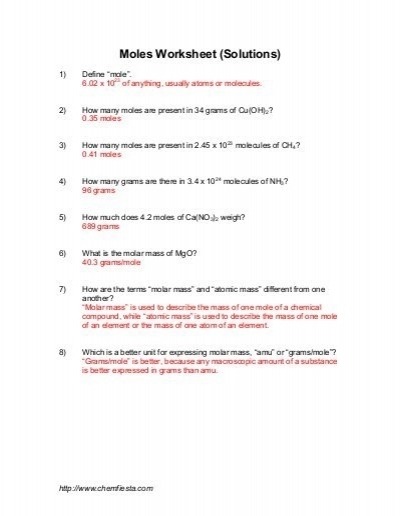 Grams To Moles Worksheet