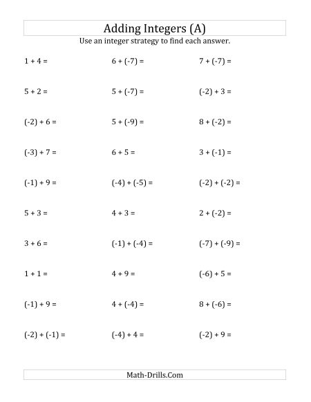 Integers Worksheets