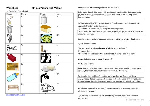 Mr Bean Sandwich Worksheet Worksheet