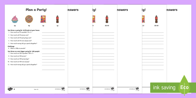 Plan A Party Differentiated Money Worksheet   Worksheets