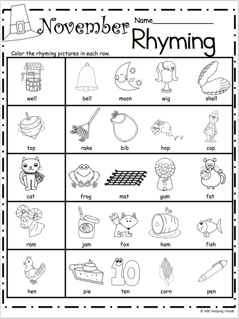 Free Kindergarten Rhyming Worksheets For November