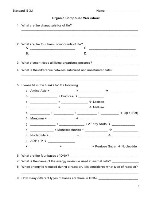 Organic Compounds Worksheet