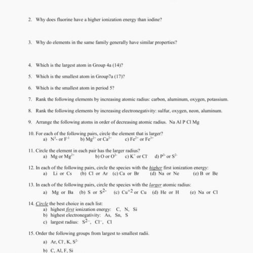 Periodic Trends Worksheet Answer Key