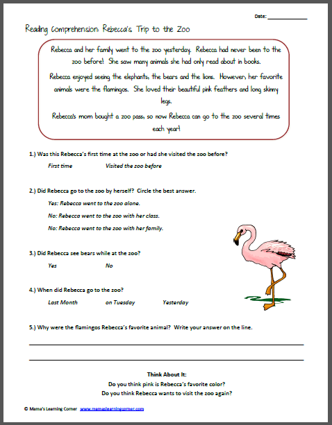 Printables  Free Kindergarten Reading Comprehension Worksheets