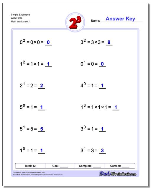Exponents Worksheets