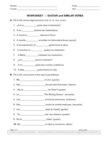 Subject Pronouns In Spanish Worksheet Direct And Indirect Object