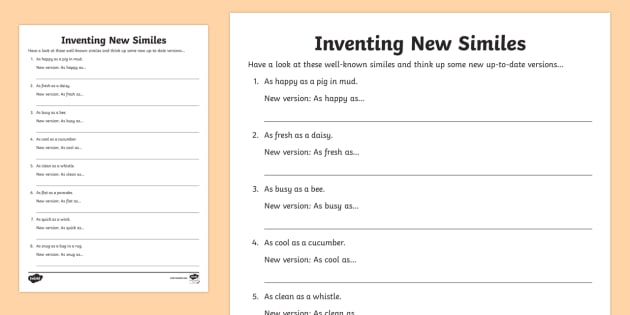 Ks2 Inventing New Similes Worksheet   Worksheet