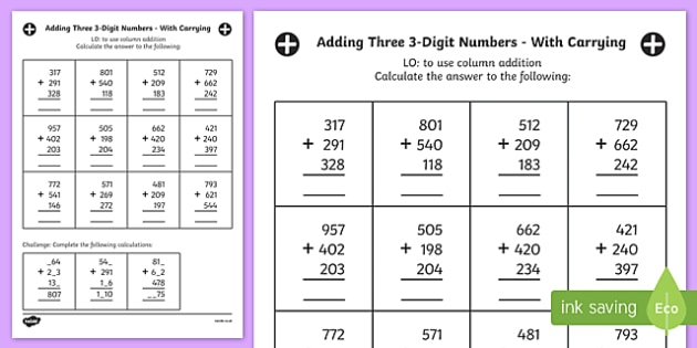 Adding Three 3 Digit Numbers In A Column With Carrying Worksheet