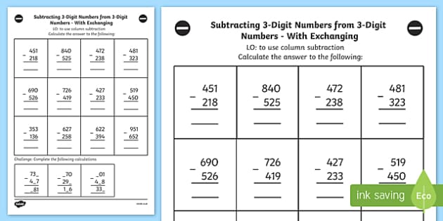 Subtracting 3 Digit Numbers From 3 Digit Number Worksheet Year 3