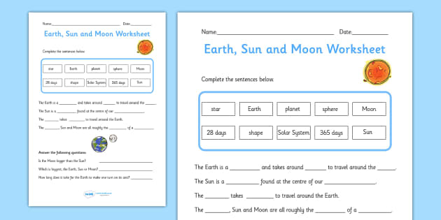 Earth, Sun And Moon Worksheet   Worksheet Pack