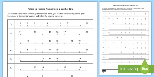Filling In Missing Numbers On A Number Line To 20 Worksheet