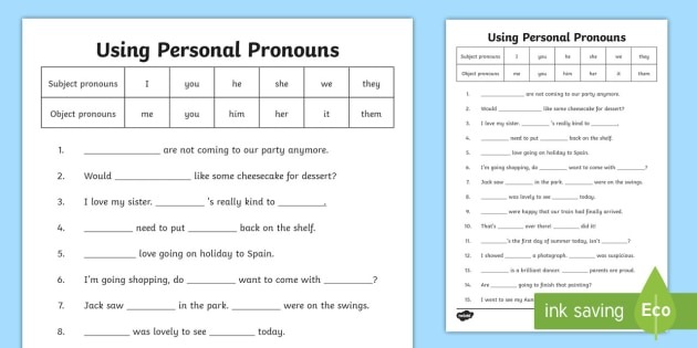 Using Personal Pronouns Worksheet