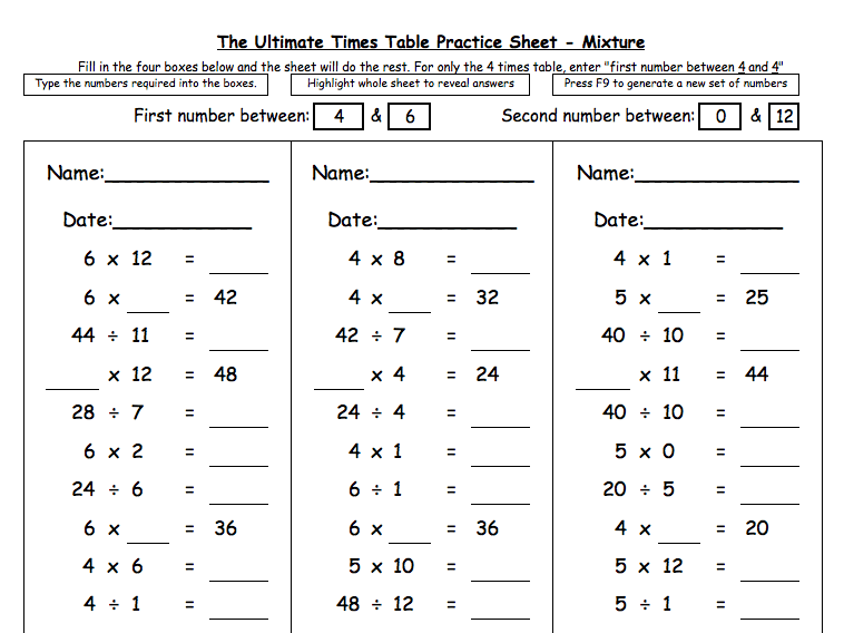 Mixed Time Tables Worksheets