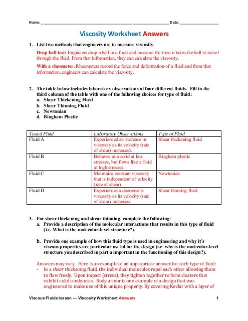 Viscosity Worksheet Answers (pdf)