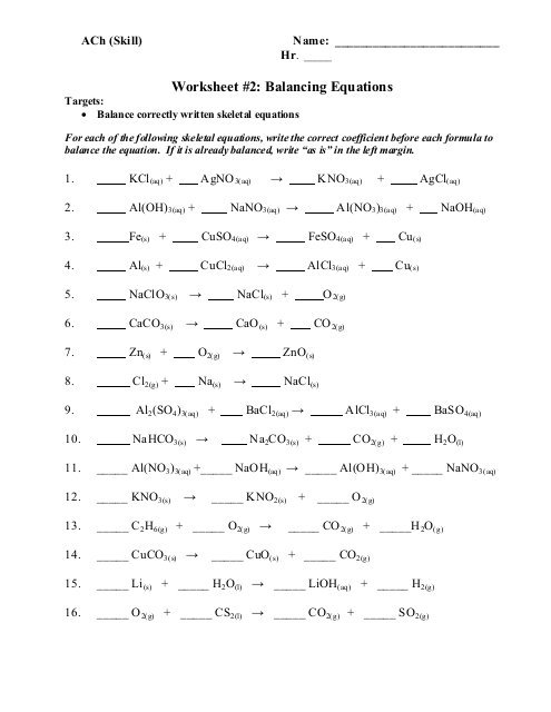 Worksheet 2 Balancing Equations Ach Ach