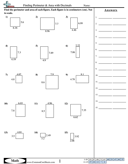 Finding Perimeter & Area With Decimals Worksheet