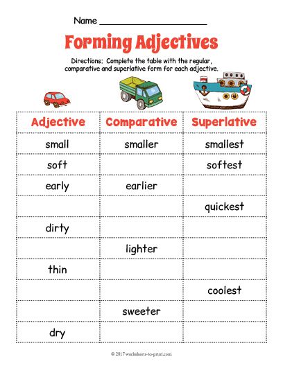 Free Printable Transportation Adjective Forms Worksheet