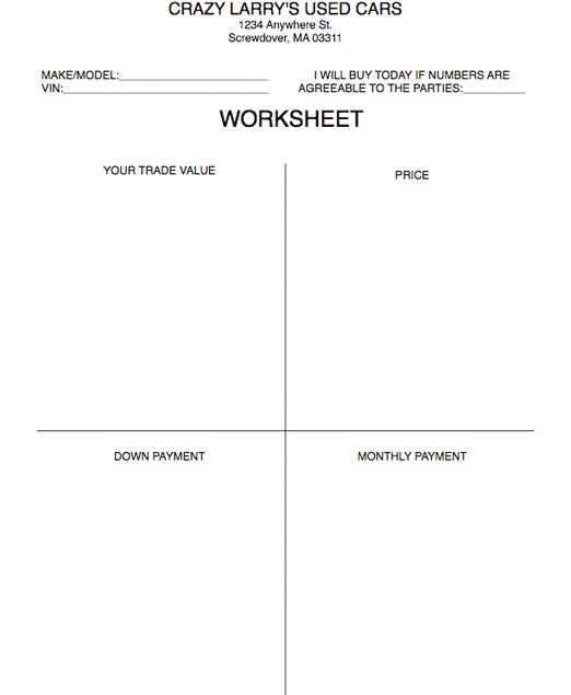 Car sales four square worksheets