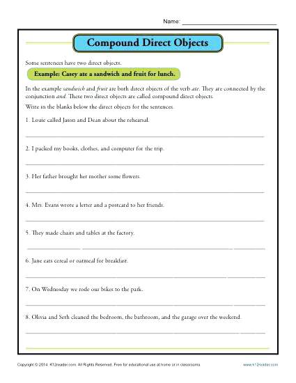 4th Grade Sentences Worksheets Compound Direct Object Worksheet