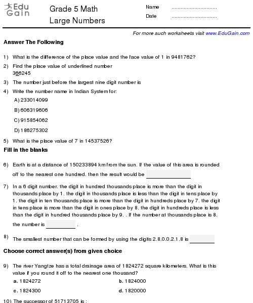 Grade 5 Large Numbers Worksheets